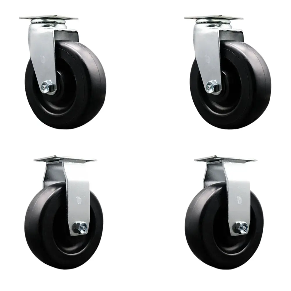 Service Caster SCC-20S620-POB-2-R-2 Heavy Duty Swivel & Rigid Top Plate Caster Set, 6 in. x 2 in. Black Plastic Polyolefin Swivel Wheels, Ball Bearing Component for Warehouse, Welding Carts