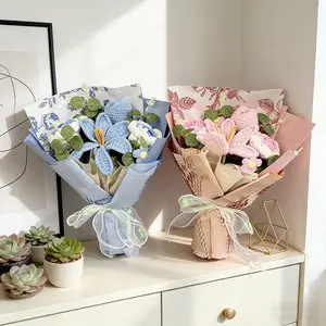 Handmade Tulip Bouquet, and Blue Floral Arrangement with Leaves, Perfect for Mother's Day, Father's Day, Valentine's Day, Birthdays, Crochet Bouquet