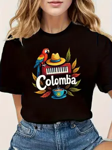 Colombian Flair! A Colorful Printed Women'S Round-Neck Short-Sleeve T-Shirt With 'Colombia' Text, Perfect For Casual Outings, Festive Gifts, And Gatherings With