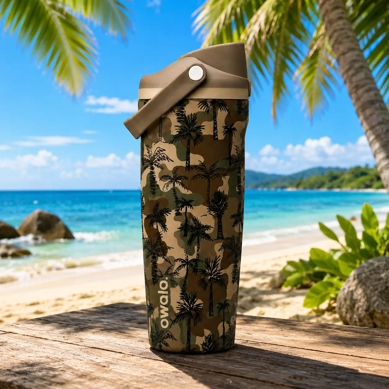 [Limited Edition] Owala 30oz Insulated Stainless Steel Water Bottle with Handle & Flip Straw Lid – Tropical Camo Palm Tree Design