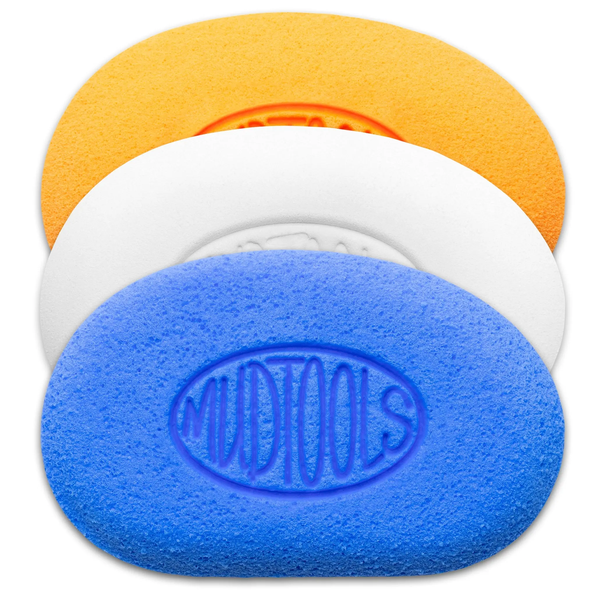 Mudtools Mudsponge 3-Pack for Pottery – White Finishing, Orange Absorbent & Blue Workhorse Clay Sponges
