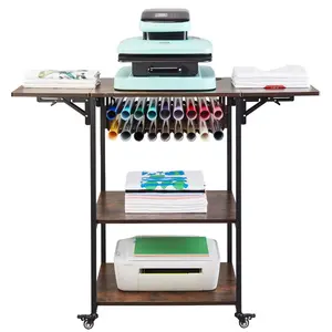 VEVOR Heat Press Table, 3 Tier Movable Heat Press Stand, Foldable Heat Transfer Machine Stand with Wheels and Vinyl Roll Holder, Rolling Metal Workbench for Sublimation Transfer Machine, Brown