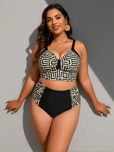 Women's Plus-Size 2-Piece Geometric Bikini Set, High-Waisted Black Gold Print, Twist Front, Removable Pads Swimwear for Sports & Outdoor Use, Two-Pieces