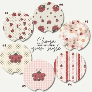 Ladybug Car Coasters Set, Cute Floral Car Accessories, Pink Coquette Car Decor, Polka dot Absorbent Ceramic Cup Holder Coasters, Girly Gift