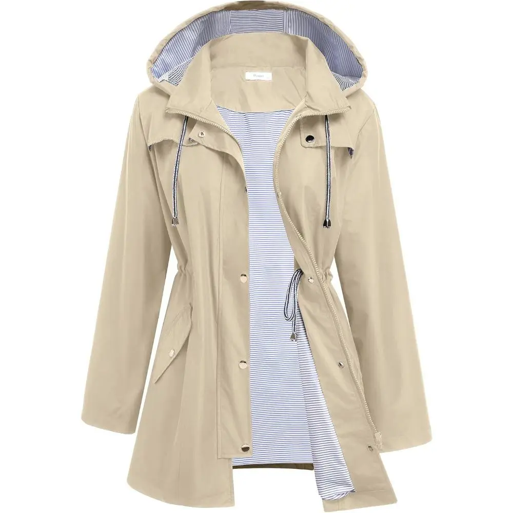 Women's Waterproof Lightweight Jacket with Hood, Long Sleeve Striped Lined Outdoor Tops with Adjustable Waist for Hiking, Raincoat, Drawstring, Casual, Simple, Lady, Pockets, Women's Clothes, Zipper, Trench, Hoodie, Hip, Longsleeves, Stripes, Basic, Polye