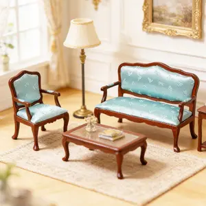 1:12 Dollhouse Miniature Furniture Blue Floral Single Sofa Double Armchair Set Micro Scene Craft Christmas Easter New Year Gift for Collectors
