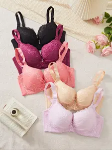【Plus Size】 Solid Color Floral Lace Underwire Bra, Lady Elegant Casual Comfy Breathable Adjustable Strap Bra for Daily Wear, Women's Lingerie for All Seasons, Underwear