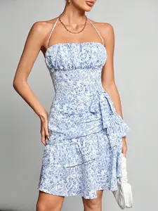 Floral Print Halter Neck Asymmetrical Hem Dress With Embellishment