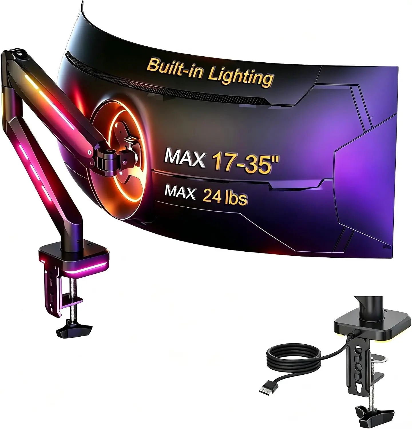 SUPTEK Tool-Free RGB Gas Spring Gaming Monitor Arm Desk Mount, Monitor Arms with 12 RGB Lights, Full Motion Swivel, +80° Tilt, Iron/Aluminum, C-Clamp & Grommet Mounting Options, Fits 17-32 In Flat/Curved Screens Up to 22 lbs, Black, MDXDJ