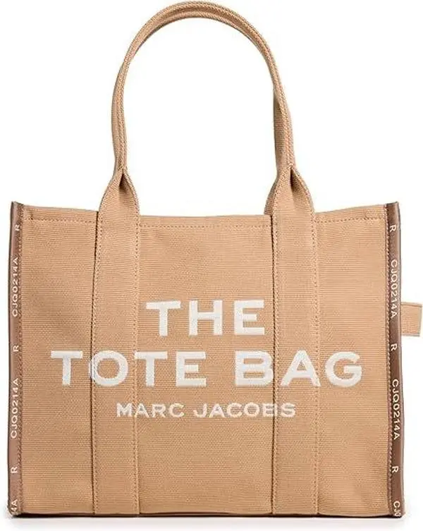 Marc Jacobs The Jacquard Large Tote Bag - Camel/Tan M0017048-230, large structured women's tote bags, chunky zipper, jacquard weave, multiple pockets, for office/travel