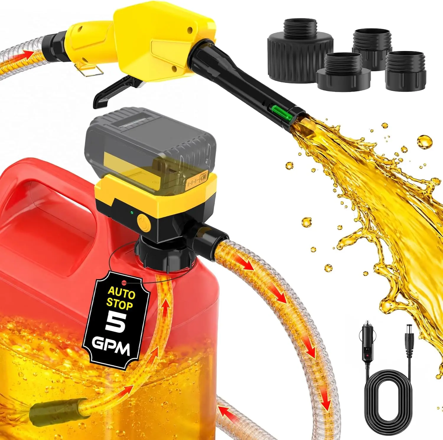 Keimi 5 GPM Cordless Fuel Transfer Pump with Auto-Stop & Hand Trigger Nozzle, Compatible with DeWalt 20V & Milwaukee 18V Batteries, Gas Can Pump for Gasoline/Diesel, 51" Hose & 4 Adapters (Bare Tool)