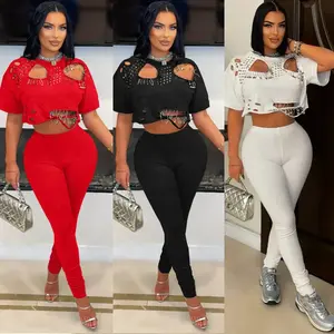 Prospect Hollow Out Hole Pin Sleeve Tide Outfit Tracksuit Two Piece Set