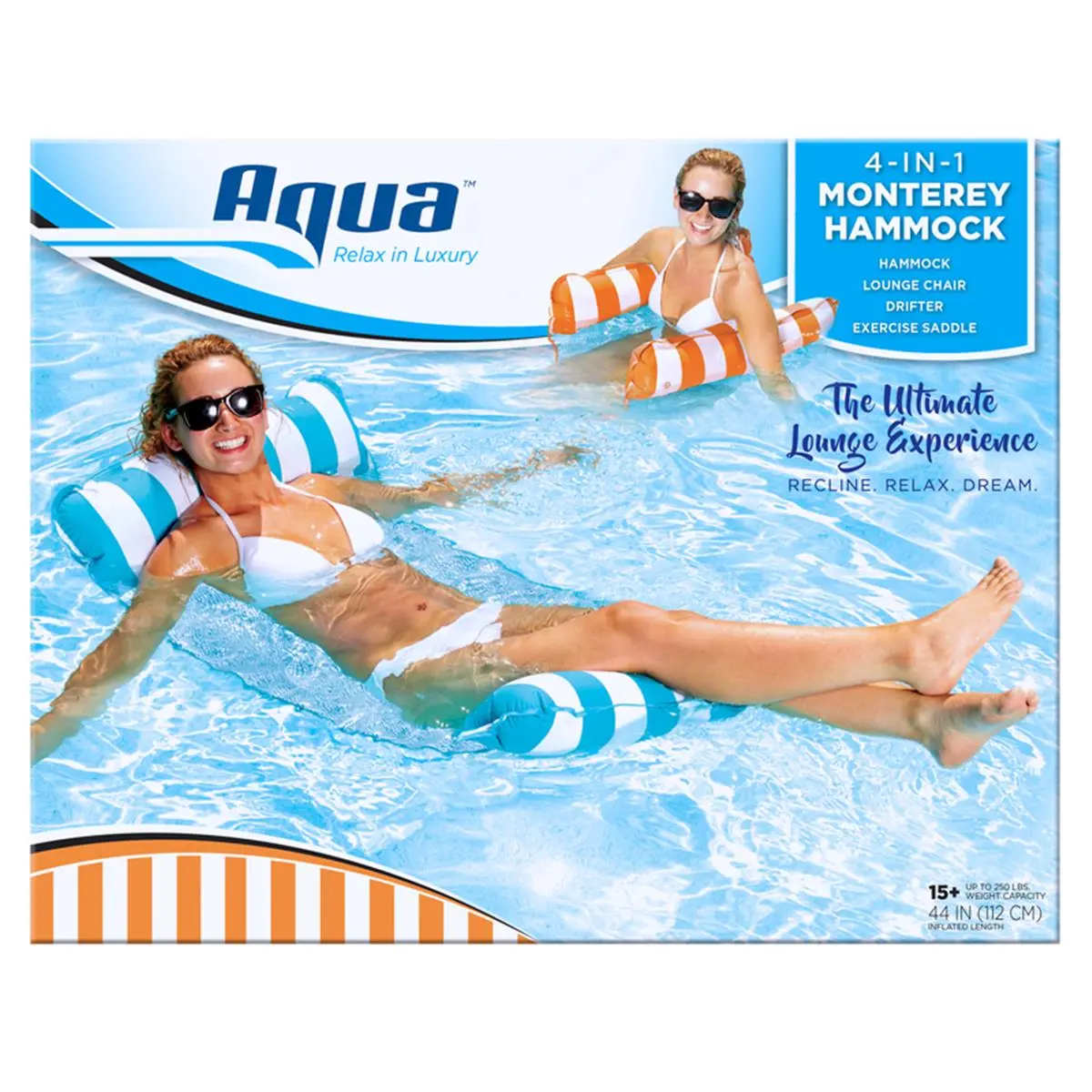 AQUA Monterey 4-in-1 Inflatable Swimming Float for Adults, Multi-Position Water Hammock, Lounge Chair and Drifter, Pool, Unisex, Relax, Seniors, Outdoor, 4-In-1 Design, Water Fitness, Pool Lounging, Supportive Shape, Monterey Type