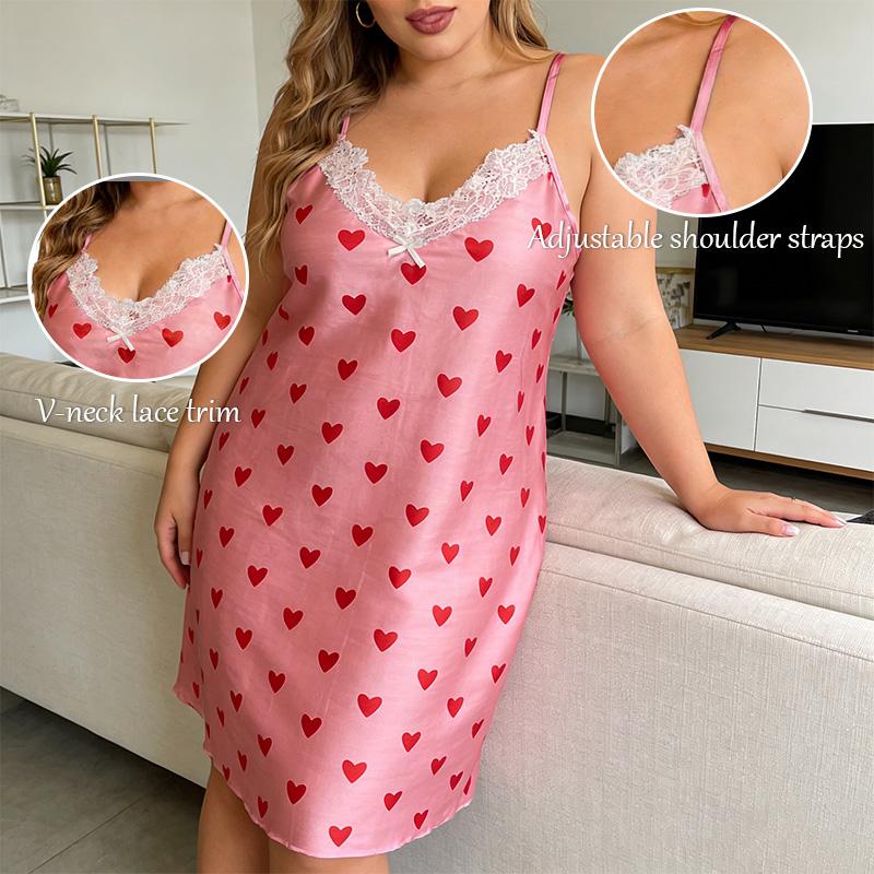 3PCS Women's Lace V-Neck Heart Printed Pajama Dresses Large Size loungewear Cherry Heart Print Pajama Set women  Plus Size Heart Detail Nightgown Women's Breathable Sleep Set woman lingerie lace chemisesexy lace home nightdress Lace Nightwear 1XL-4XL