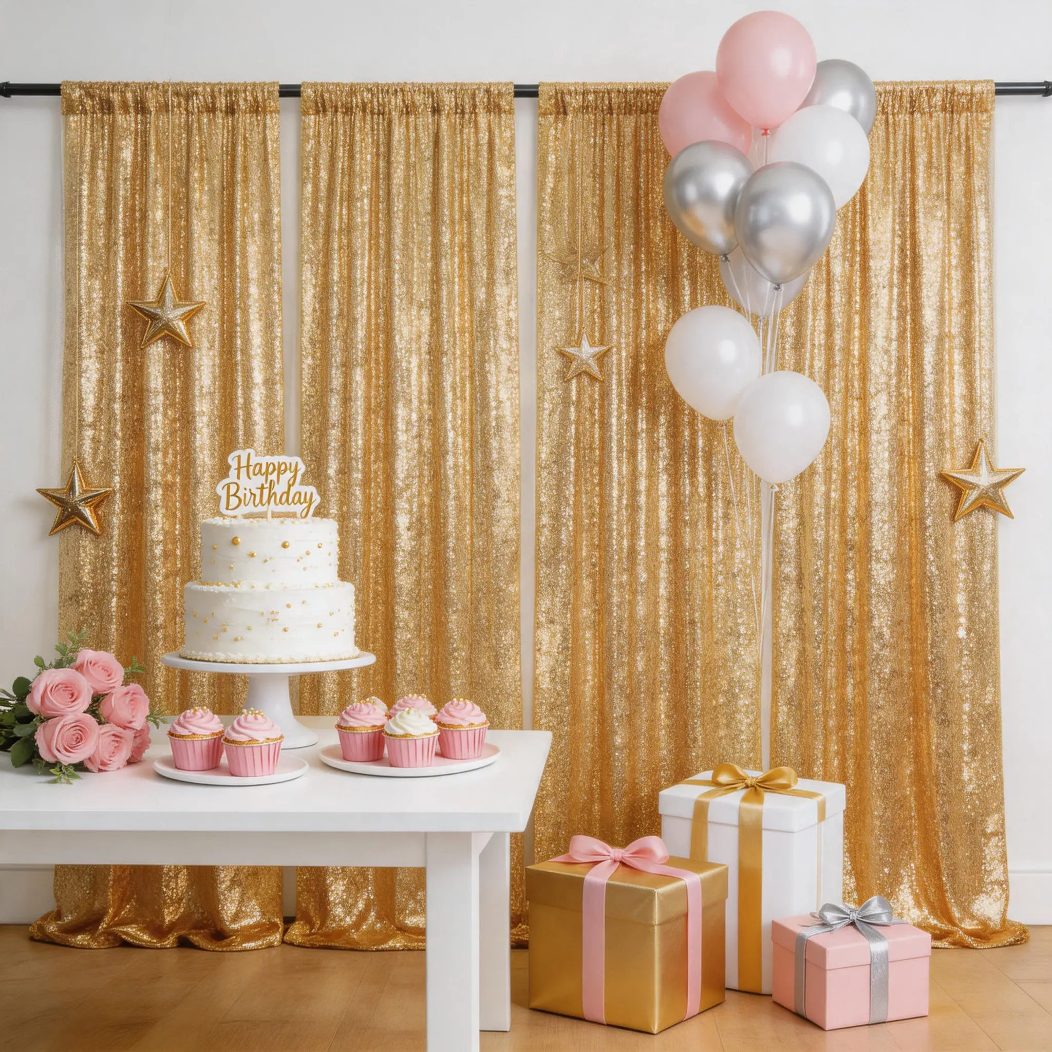 Gold Sequin Backdrop Curtain 4 Panels 2ft x 8ft for Wedding Photography Birthday Christmas Drapes