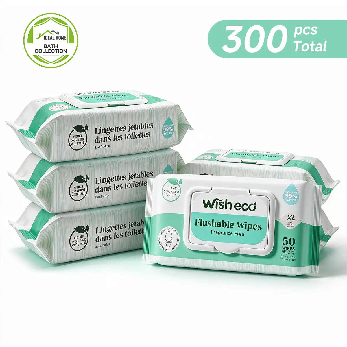 Wish Eco Extra Large Flushable Wipes, Fragrance Free Toilet & Personal Wipes,  Plant-Sourced Eco-Friendly Home Care Essentials, Toilet Paper & Wipes