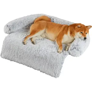 Dog Bed for Couch - Calming Dogs Beds for Medium Pets, Fluffy Plush Cats Mat, Anti Anxiety Pet Mats with Removable Washable Cover Protector for Sofa, Light Grey, 35x31x5 inches christmas valentine gift