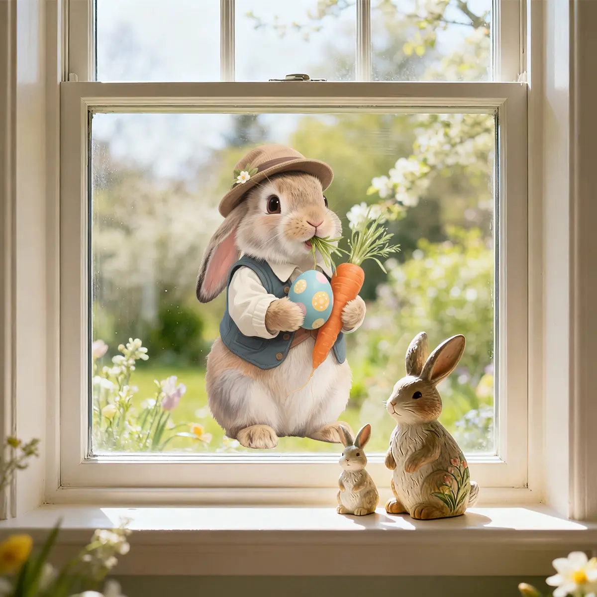 2D flat, a (30*40cm) Easter bunny, Easter egg, and carrot 2D flat window sticker, static glass sticker for window decoration, D21457-KR