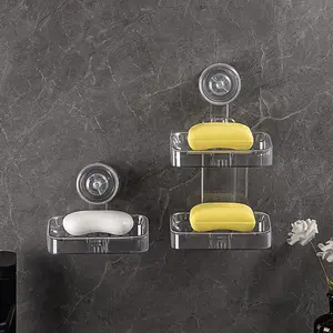 Transparent No-Drill Soap Dish, Wall-Mounted Suction Cup Soap Holder with Quick Drainage, Bathroom Shower Storage Rack for Soap Sponge