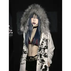 Faux Fur American Vintage Coats with Hooded Women's Y2K Sweatshirts Gothic Harajuku Subculture Punk Emo Sweatshirts and Jacket