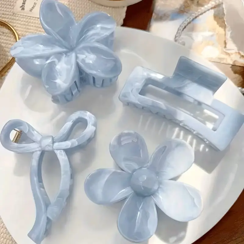 Blue 4 Piece Set of Spring/summer Bohemian Style Sweet Light Blue and White Mixed Color Marble Pattern Bow Daisy Square Hair Clips, Beach Hair