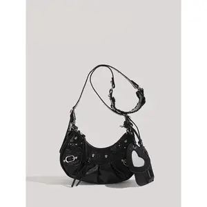 Fashion Rivet Crossbody Bag, Punk Style Half-Moon Design, Includes Small Wallet and Heart Mirror, Multifunctional Shoulder Carry for Women and Girls Hobo Crossbody Bags