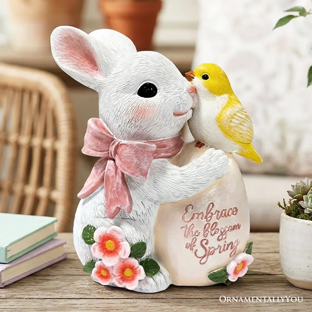 Bunny and Yellow Bird Easter Garden Statue, 7" Spring Rabbit Figurine Outdoor Decor