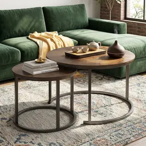 Oak Nesting Round Coffee Table Set of 2, Stackable Side End Table with Heavy Duty Metal Frame, Modern Industrial Minimalist Nightstand Multi-purpose Accent Table for Home Living Room Bedroom Small Space