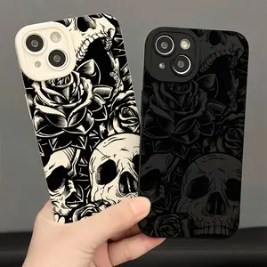 Unique Skull and Flower Pattern Design Soft Drop-Proof Mobile Phone Case Compatible with iPhone 16 Pro X XS MAX 11 12 13 14 15 Plus Case Shock-Absorbing, Anti-Scratch, and Slim Fit Design Protection Wireless