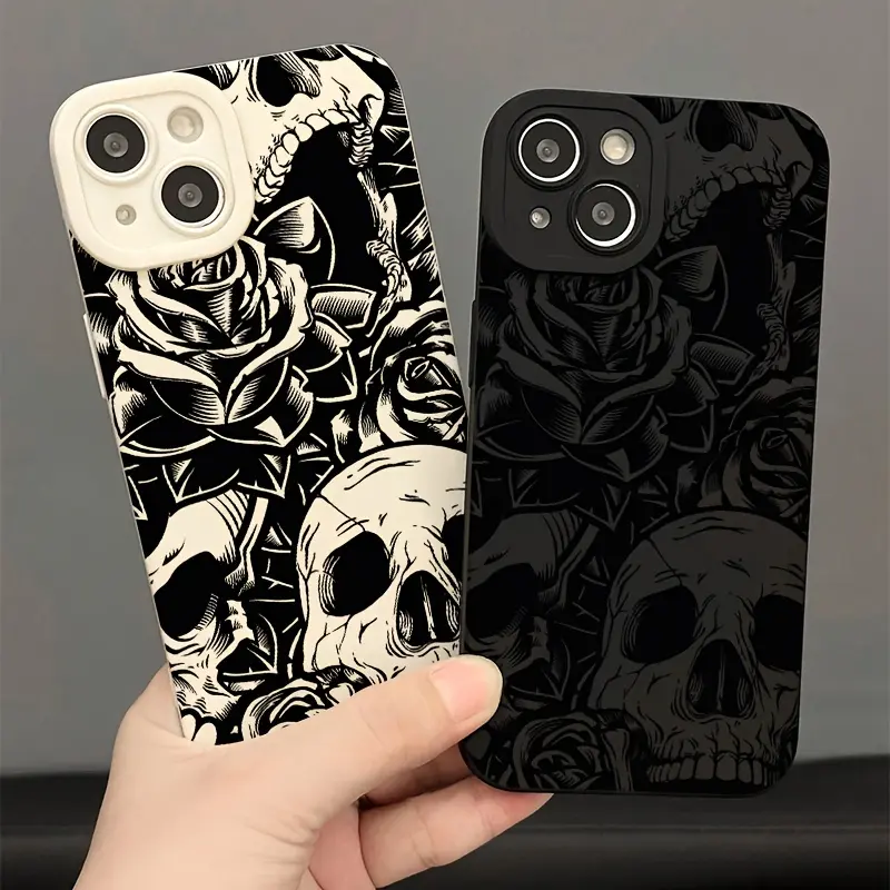 Unique Skull and Flower Pattern Design Soft Drop-Proof Mobile Phone Case Compatible with iPhone 16 Pro X XS MAX 11 12 13 14 15 Plus Case Shock-Absorbing, Anti-Scratch, and Slim Fit Design Protection Wireless
