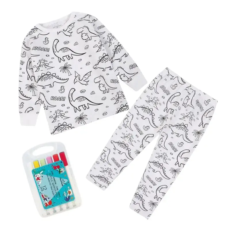 Kids Coloring Pajamas Set with Markers Soft Bamboo Viscose Unisex PJs Set Snug Fit Color-Your-Own Dinosaur Theme Sleepwear Stretchy Breathable