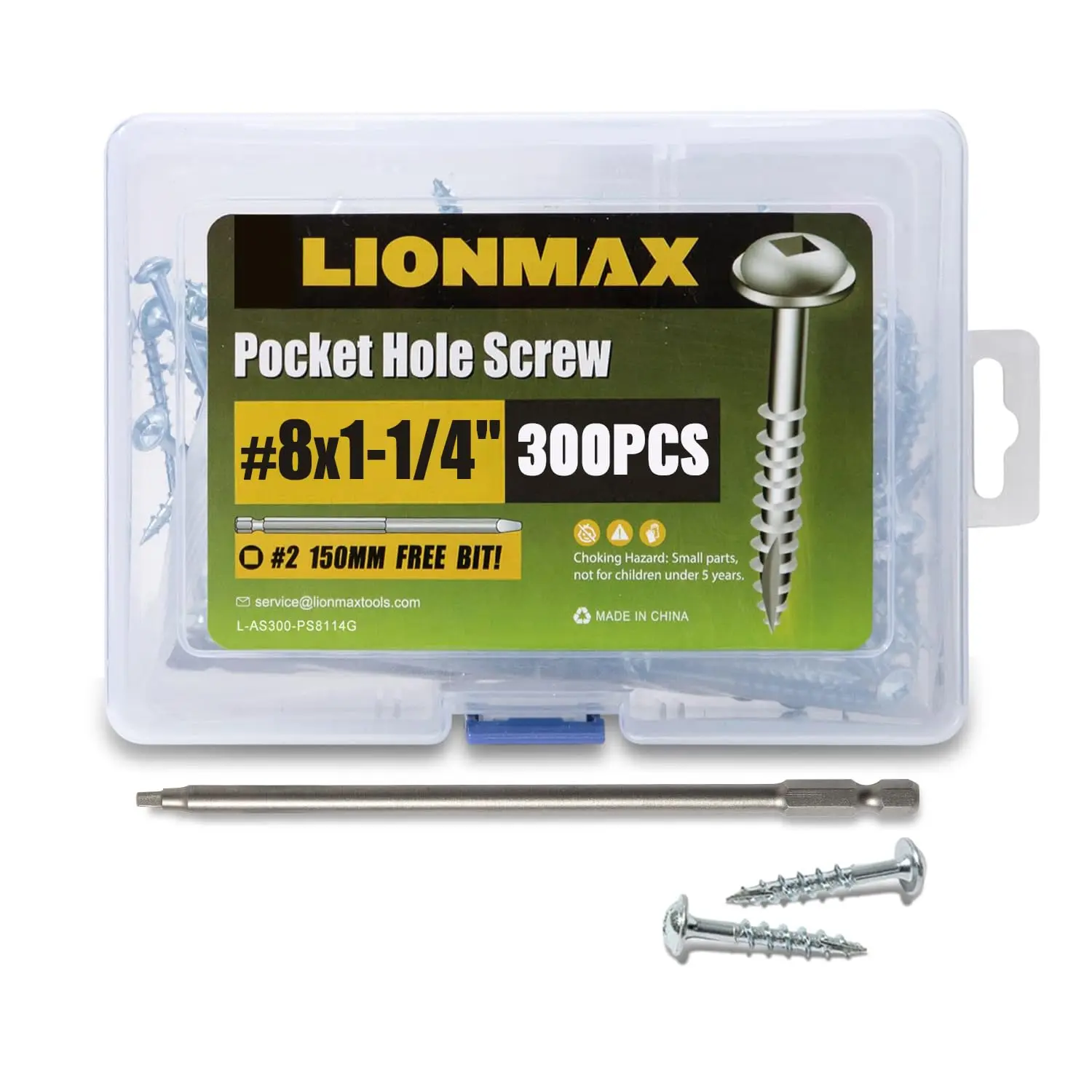 LIONMAX 300PCS Pocket Hole Screws, #8 x 1-1/4", Coarse Thread, Zinc Plated with Square Drive & 150MM Drive Bit for Wood Projects