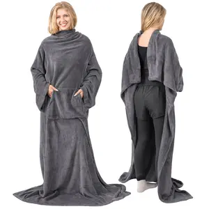 PAVILIA Fleece Wearable Blanket with Sleeves for Adults Women Men, Soft Warm Full Body Wrap Throw, Sweatshirt Pocket, Cozy Pullover Robe Blanket with Arm, Gifts for Christmas Mom Wife