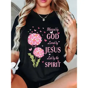 Christian Women'S T-Shirt, Locally Made, Featuring The Print "Blessed by God, Loved by, Led by The Holy Spirit".It Is a 100% Pure Short-Sleeve Round-Neck T-Shirt, Available in Regular And s for All Seasons, Made from 180G Fabric