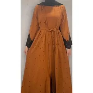 Two Piece Open Front Pearl Abaya - Black Lace on Caramel