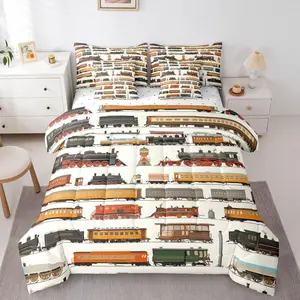 Boys Train Bed in A Bag 7 Pcs Colorful Vehicles Car Comforter Set for Kids Boys Girls Modern City Road Train Bedding Set,Funny Cartoon Trains Theme Sheet Set with Comforter
