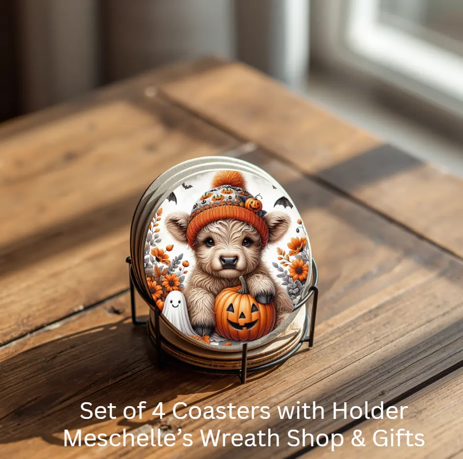 Halloween Cow Theme Ceramic Coasters Set (4-Piece) with Metal Holder, Round Circular Tableware for Coffee Cups
