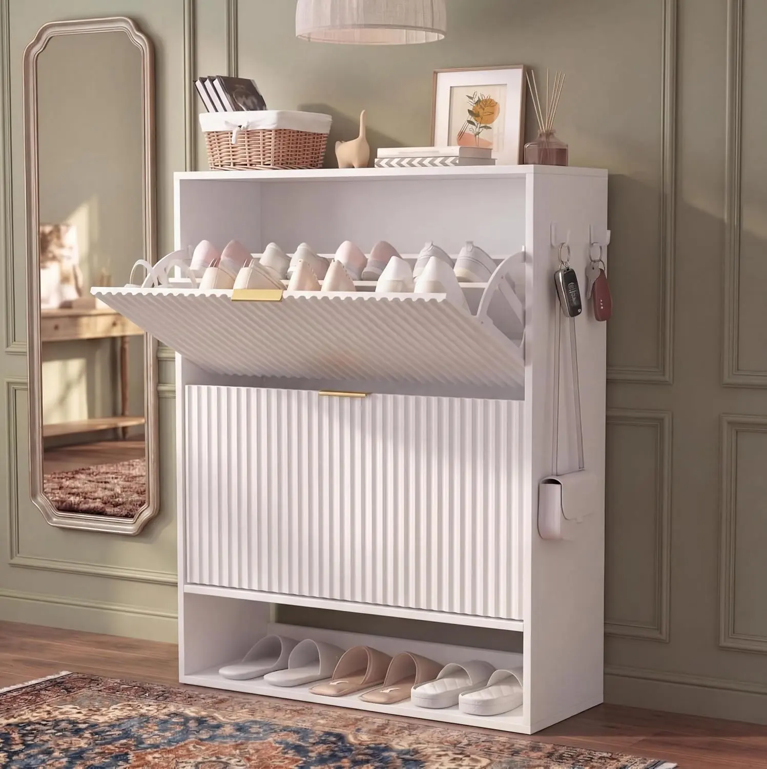 Shoe Cabinet for Entryway, Narrow Freestanding Shoe Cabinet Storage with 2 Flip Drawers, Open Bottom Shelf & Side Hooks, Slim Fluted Shoe Cabinet for Foyer and Hallway