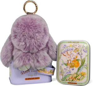 Handmade Bunny PomPom Keychain with Tin Box, Graduation Gift for Friends & Students, Stress-Relief Charm