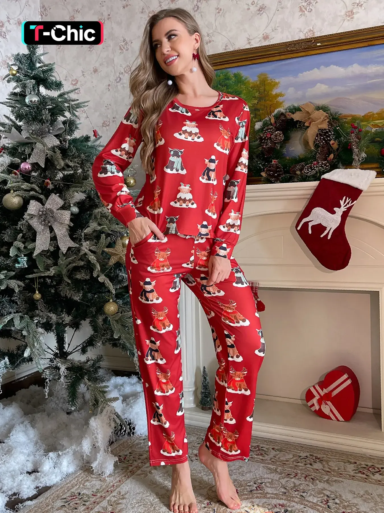 2-Piece Set: Full-Red-Base Knit Scarf with Cow Print, Animal Christmas Design, Long Sleeve Long Pants, Pajama, Loungewear, Soft, Comfortable, Round Neck Top, Elastic Waistband with Adjustable Bow Tie Cord, All Seasons, Home, Casual Wear