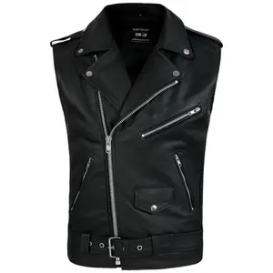 Men's Sleeveless Biker Style Classic Vest Belted Punk Genuine Leather Vest Casual Menswear Fitted Pockets