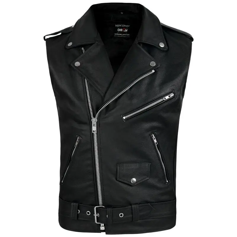 Men's Sleeveless Biker Style Classic Vest Belted Punk Genuine Leather Vest Casual Menswear Fitted Pockets Stylish Tops