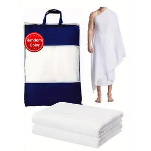2pcs/1set Muslim Men's Prayer Towel Adult White Ihram Arab Traditional Hajj Towel Islamic Pilgrimage Towel Prayer Shawl with Tassels Men's Clothing Gift White hajj Eid al-Fitr Gift Comes with Exquisite Storage Bag 43*82in 350g*2