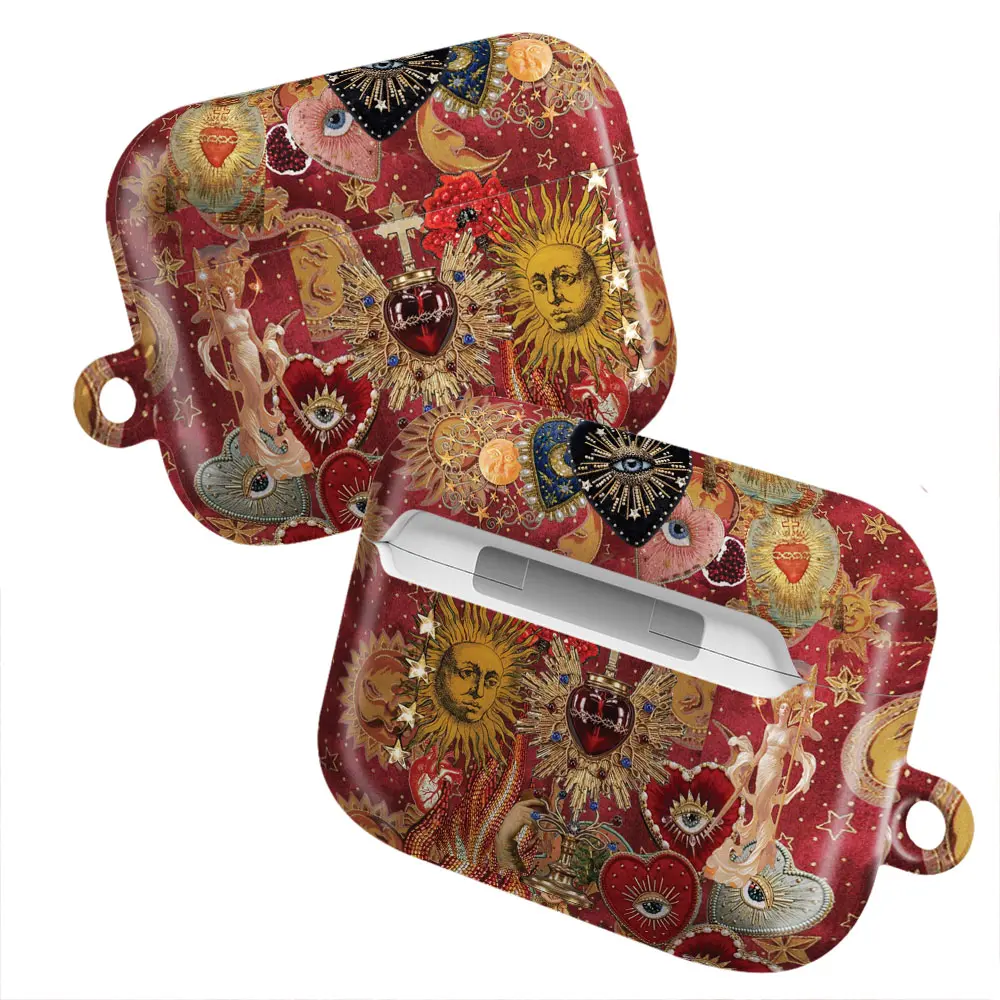 Red Celestial Sacred Heart AirPods Case – Sun, Moon, Stars & All-Seeing Eye Pattern – Spiritual Baroque Cover for AirPods Pro/Pro 2/Pro 3, AirPods 1/2/3/4 Cases | Aesthetic Gift for Her