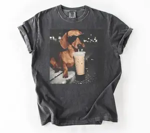 Comfort Colors Funny Dachshund Drinking Iced Coffee Vintage T-shirt Wiener Dog Owner Gift Retro Tshirt