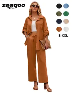 Zeagoo Women 2 Piece Linen Sets Button Down Shirt and Drawstring Long Pants Set Summer Outfits corporate girlie outfit Basic Casual