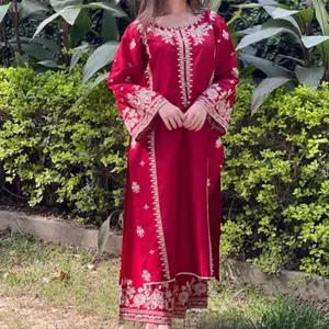 Embroidery Work 2pcs Red Dress with White Floral Embroidery and Gold Trim for Women