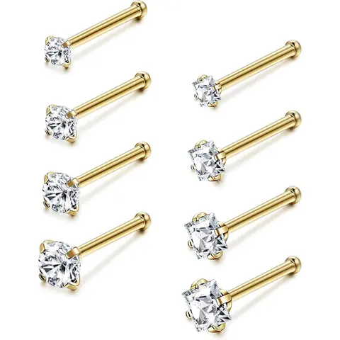 Jstyle 8Pcs/Set Hypoallergenic 18G-20G Surgical Stainless Steel Body Piercing Jewelry - Nose Rings Studs, Cubic Zirconia Labret with 1.5mm-3mm Sizes Including 2mm for Casual Daily Wear (Unisex)