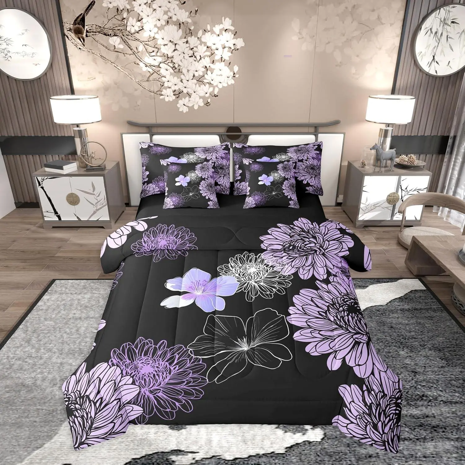 Feelyou 7-Piece Ultra Soft Purple Black Floral Boho Japanese Bedroom Bedding Set - Multi-Size Decorative Bedsheet Set for Women with Romantic Aesthetic Comforter, Decorative Bedsheet Sets