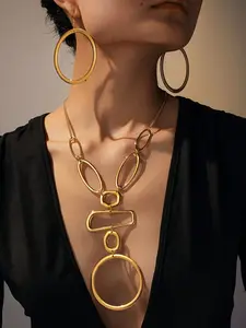 Hiphop Style Golden Fashion Geometric Hollow Out Pendants Necklace Set, Long Chain Earrings Jewelry Set, Metal Wind Exaggerated Personalized Accessories